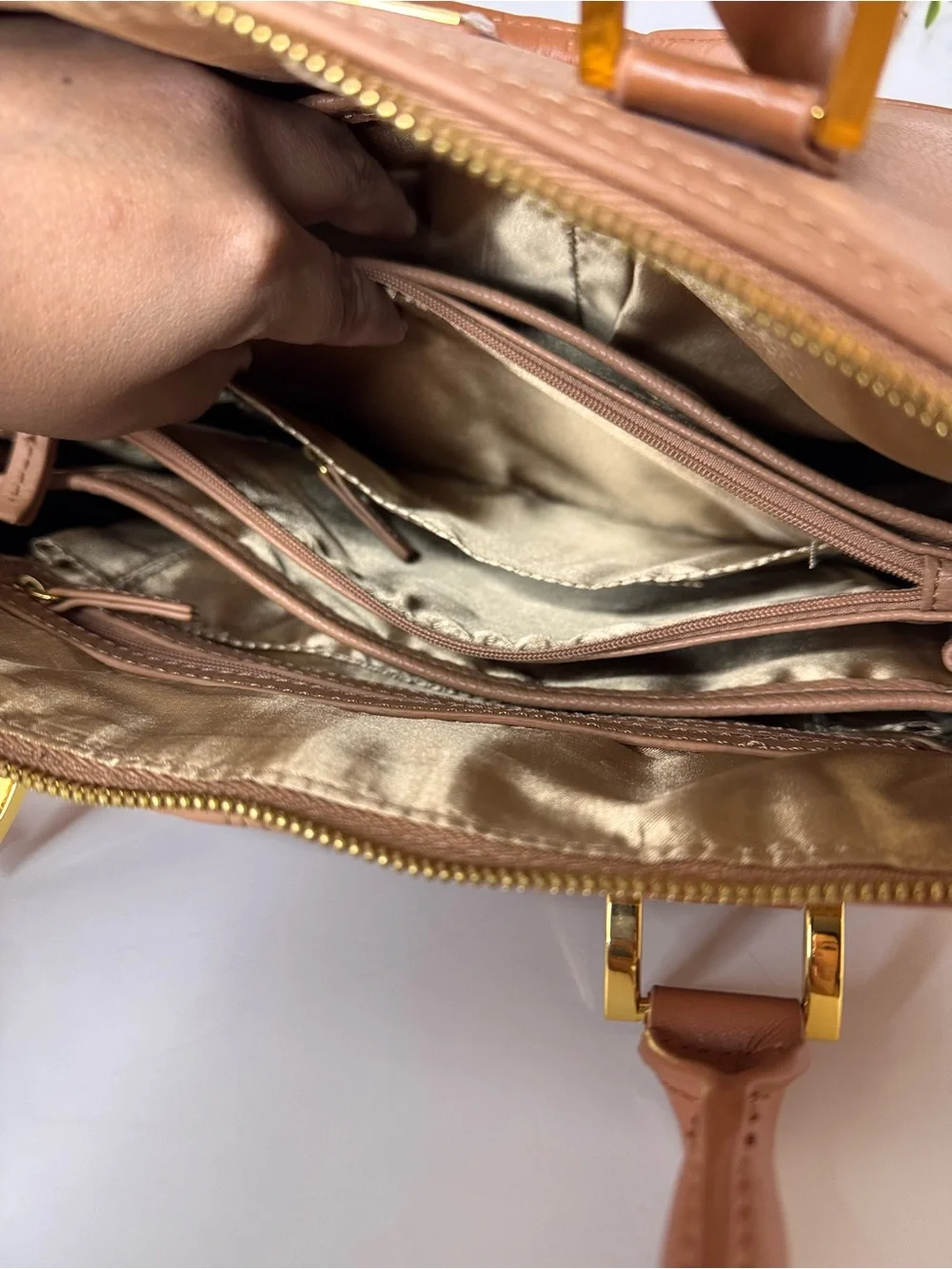 Joy & Iman Peach-Tan Dome Satchel with Gold Hardware